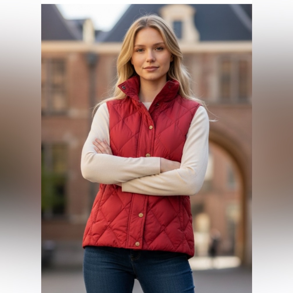 LAND’S END Vest Red Puffy Quilted Pockets Snap Front